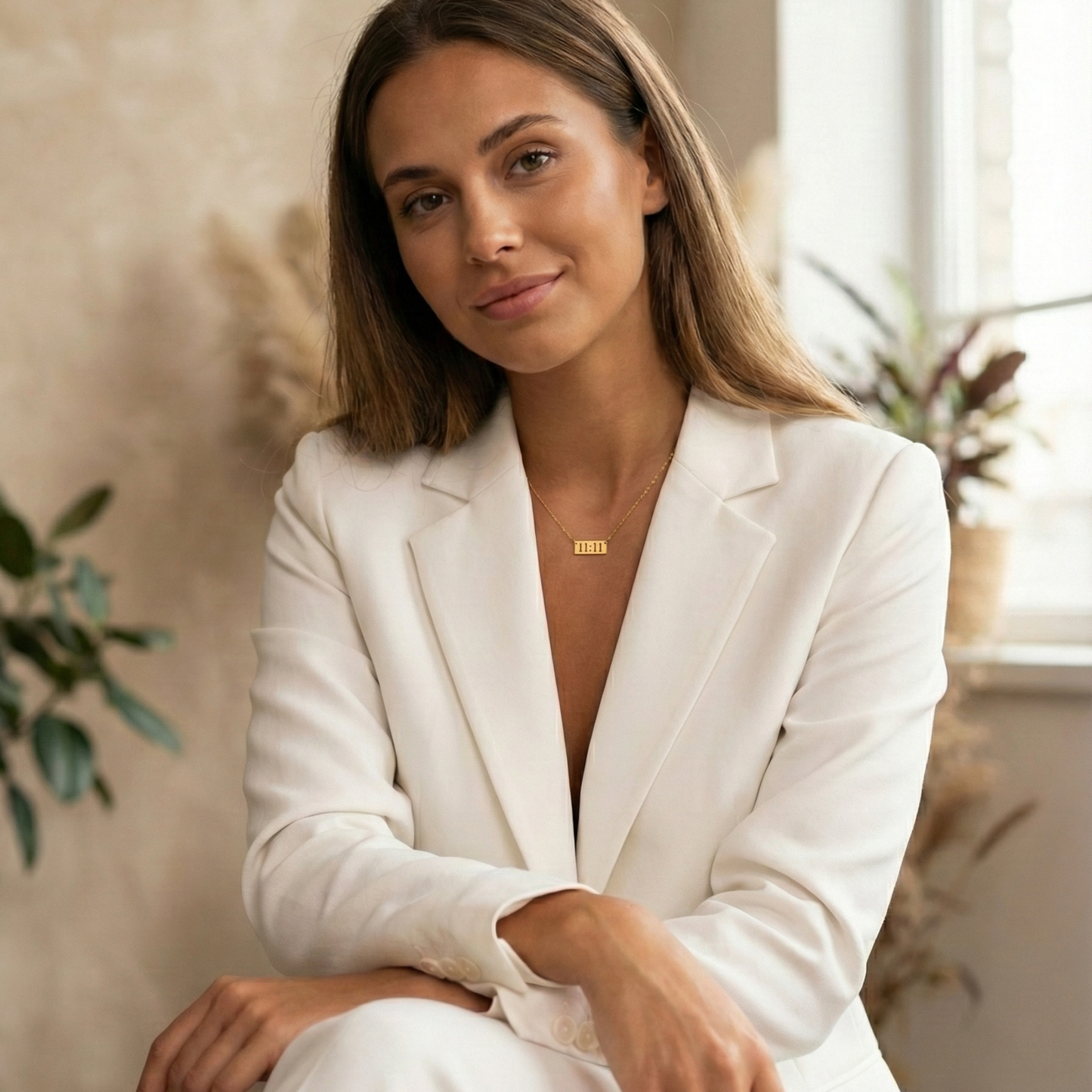 Gold 11:11 angel number necklace featuring a rectangular pendant on a dainty chain, symbolising manifestation and alignment.