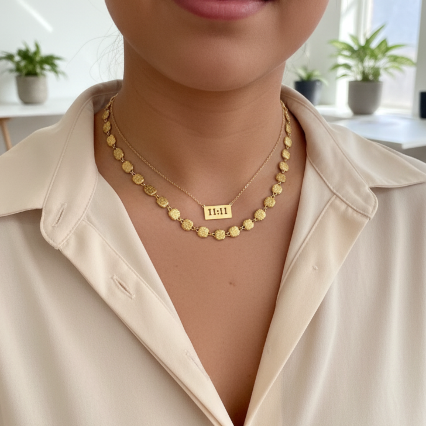 Gold 11:11 angel number necklace featuring a rectangular pendant on a dainty chain, symbolising manifestation and alignment.