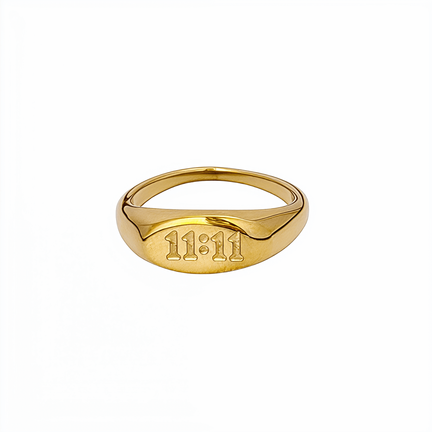 Gold 11:11 Signet Ring with oval face embossed with angel numbers by MXW Jewellery