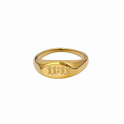 Gold 11:11 Signet Ring with oval face embossed with angel numbers by MXW Jewellery