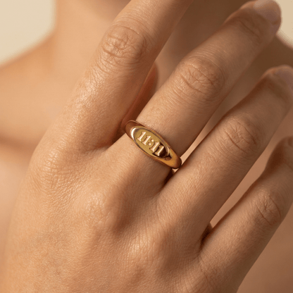 Gold 11:11 Signet Ring with oval face embossed with angel numbers by MXW Jewellery