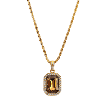 Gold Amber Halo Necklace featuring a rectangular amber zircon surrounded by halo crystals on a gold rope chain.