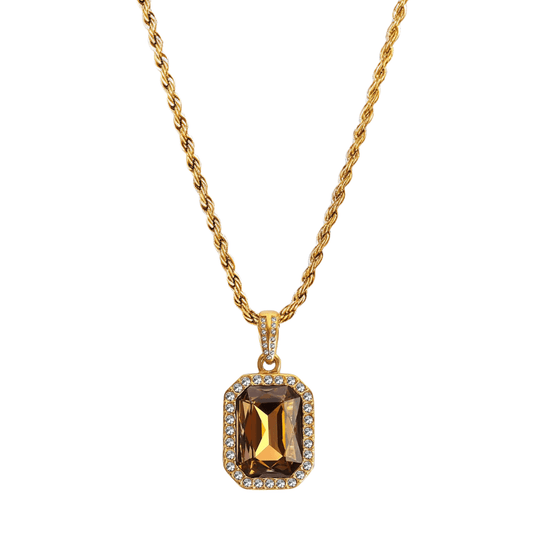 Gold Amber Halo Necklace featuring a rectangular amber zircon surrounded by halo crystals on a gold rope chain.