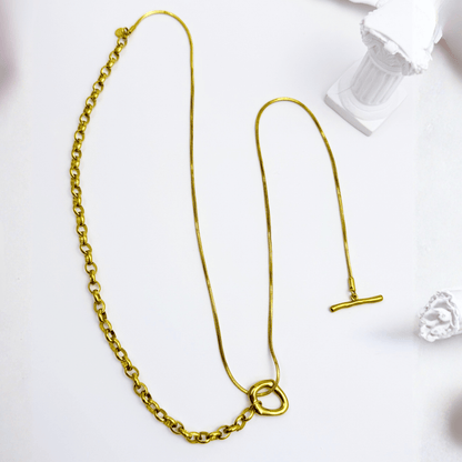 gold asymmetric T-bar lariat necklace with mixed chain design