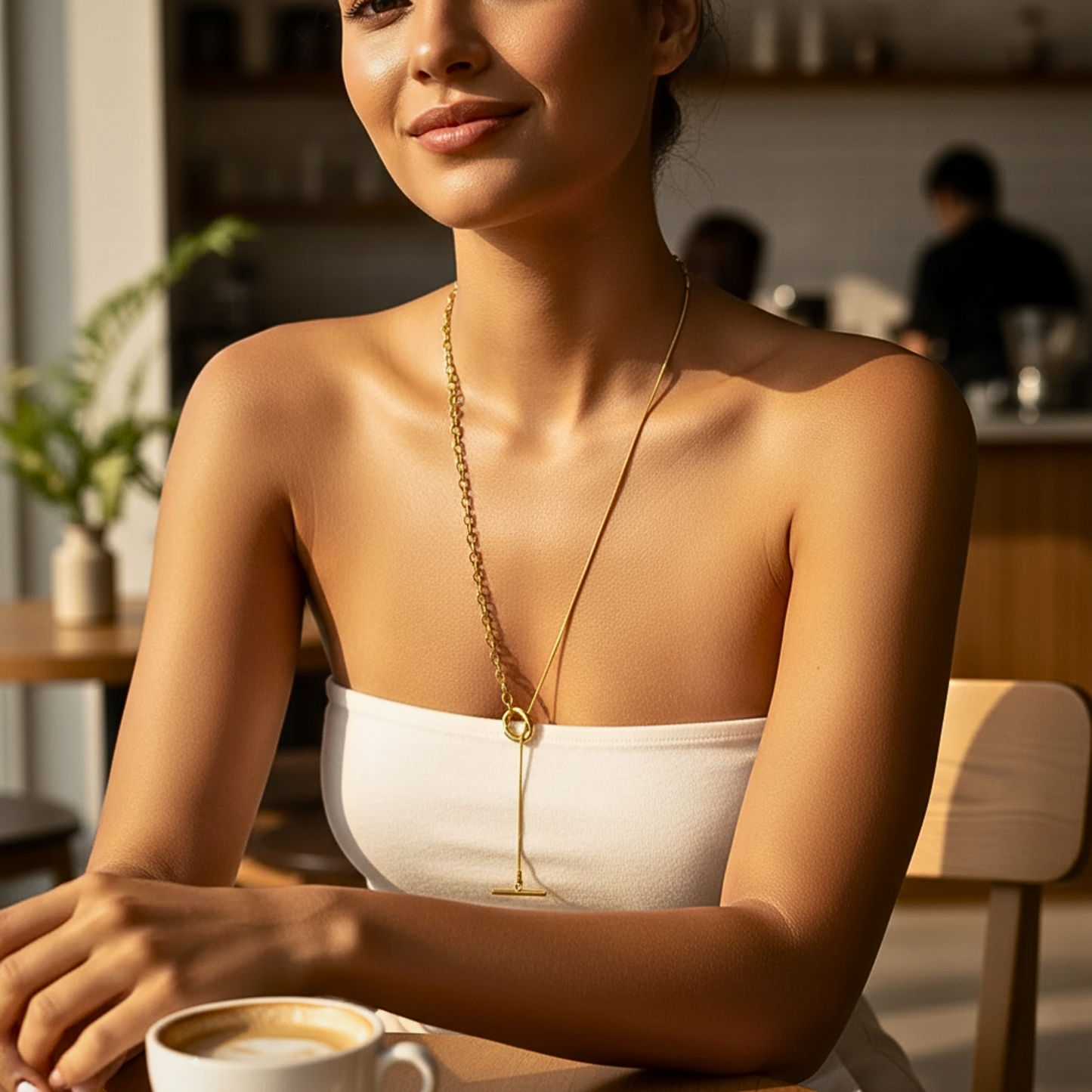 gold asymmetric T-bar lariat necklace with mixed chain design