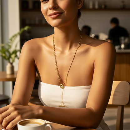 gold asymmetric T-bar lariat necklace with mixed chain design