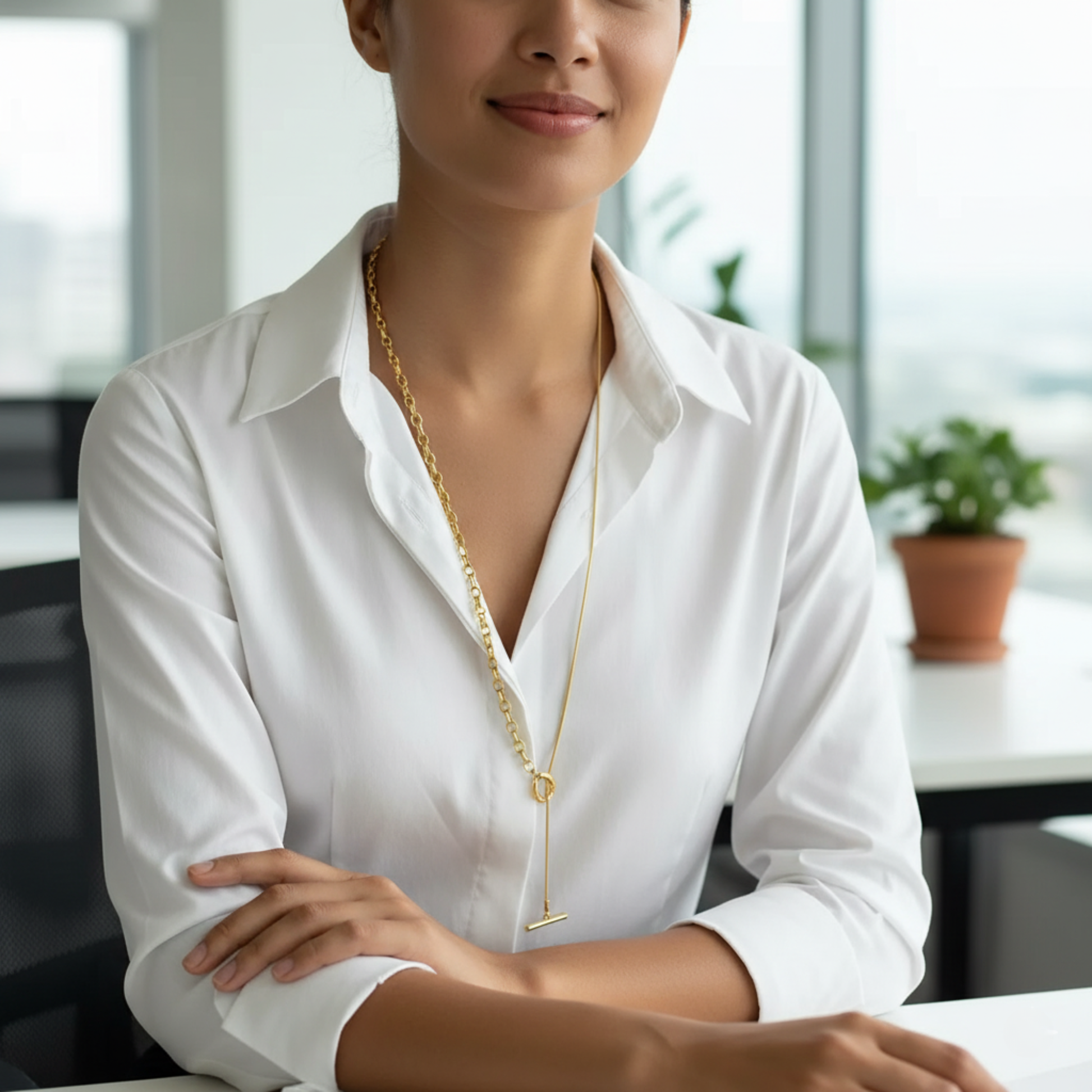 gold asymmetric T-bar lariat necklace with mixed chain design