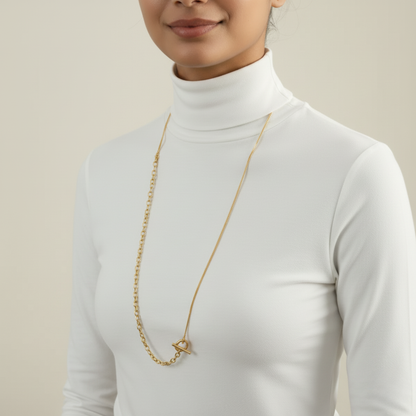 gold asymmetric T-bar lariat necklace with mixed chain design