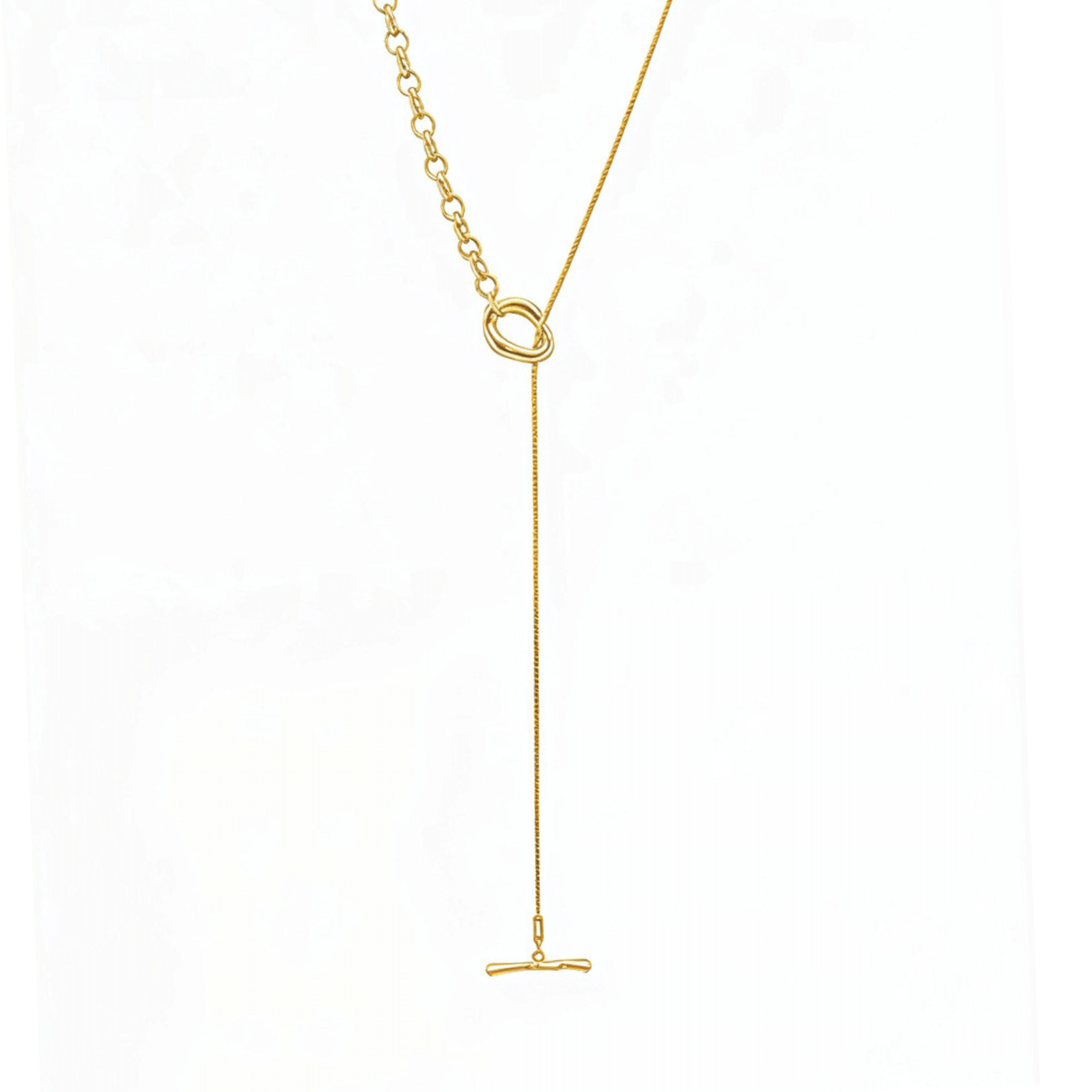gold asymmetric T-bar lariat necklace with mixed chain design