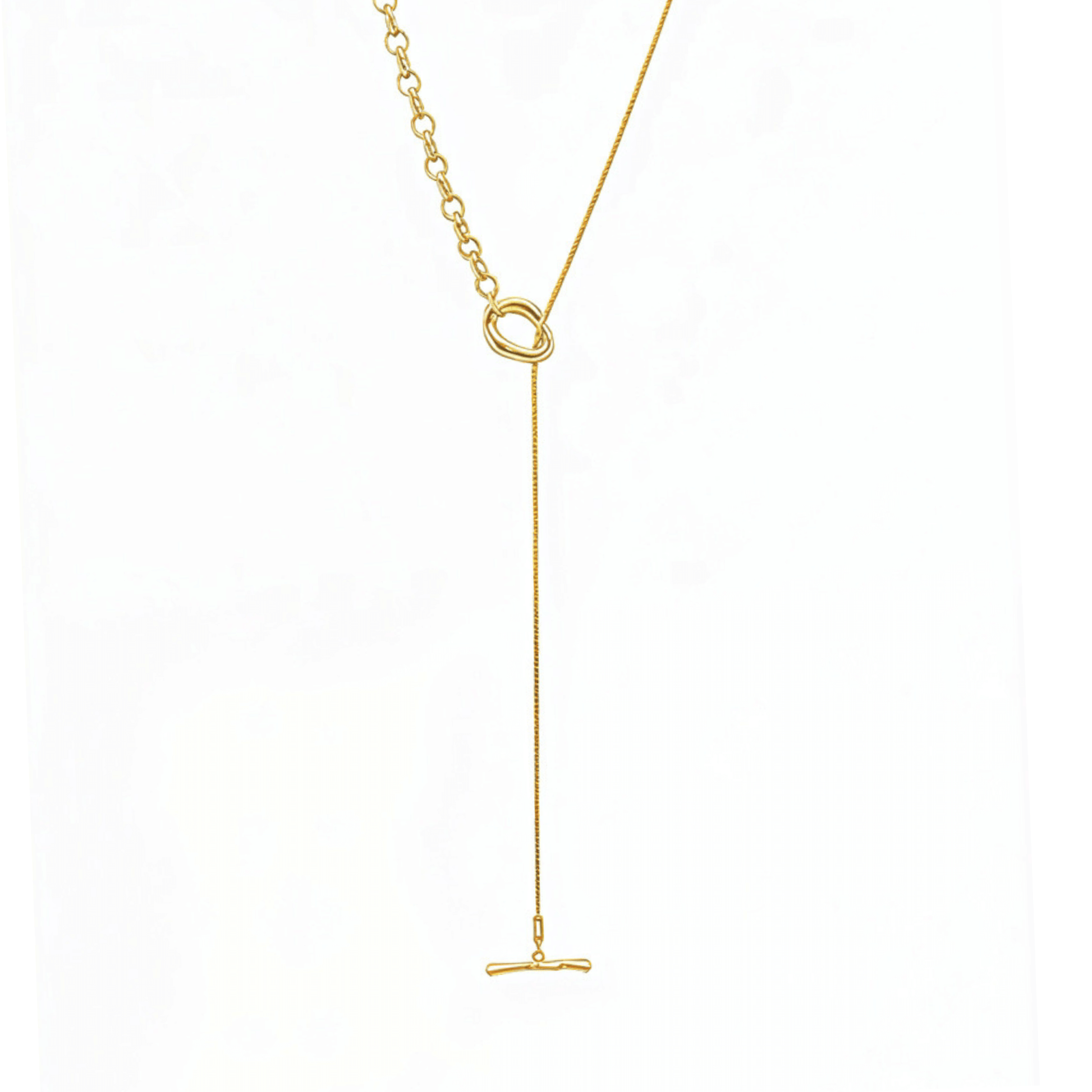gold asymmetric T-bar lariat necklace with mixed chain design