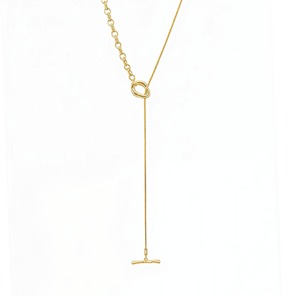 gold asymmetric T-bar lariat necklace with mixed chain design