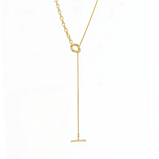 gold asymmetric T-bar lariat necklace with mixed chain design