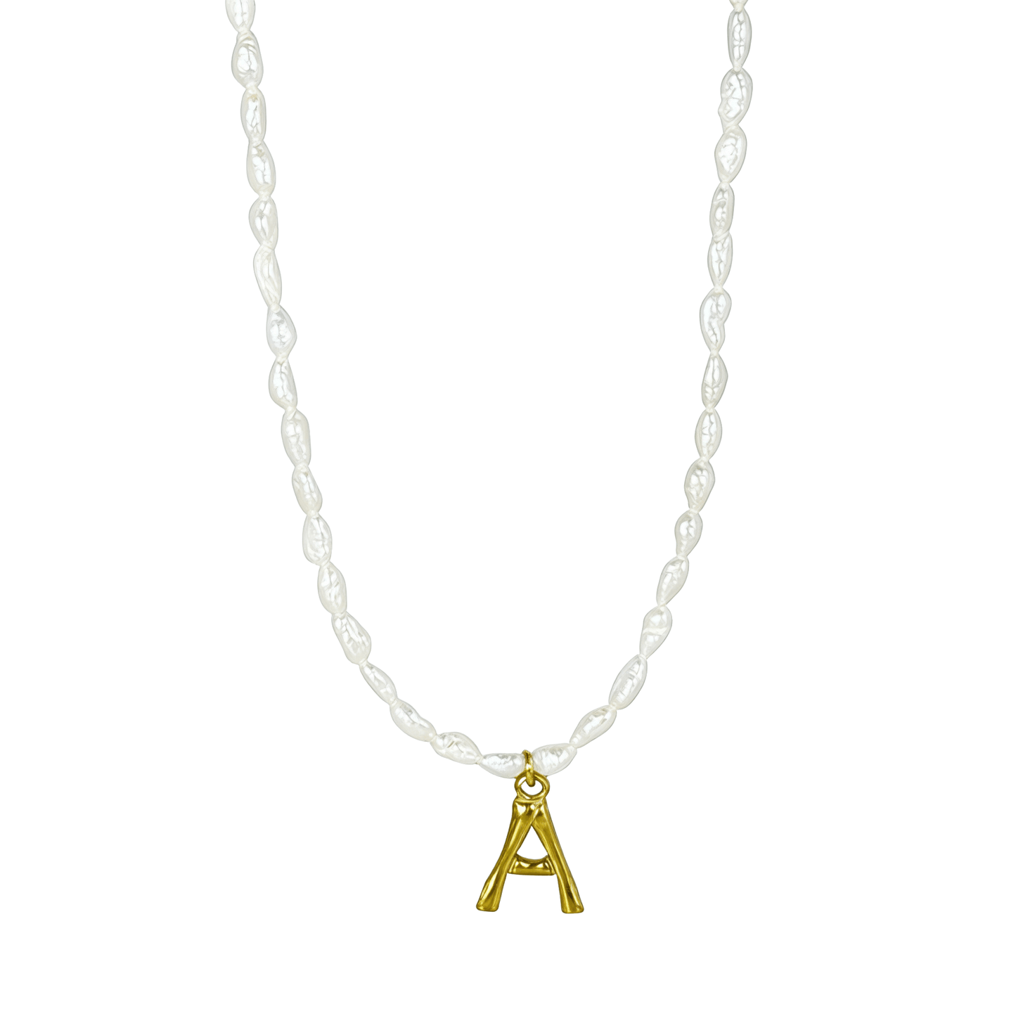 A delicate necklace made of irregular white keshi pearls featuring a gold-toned textured initial pendant in the shape of the letter A.