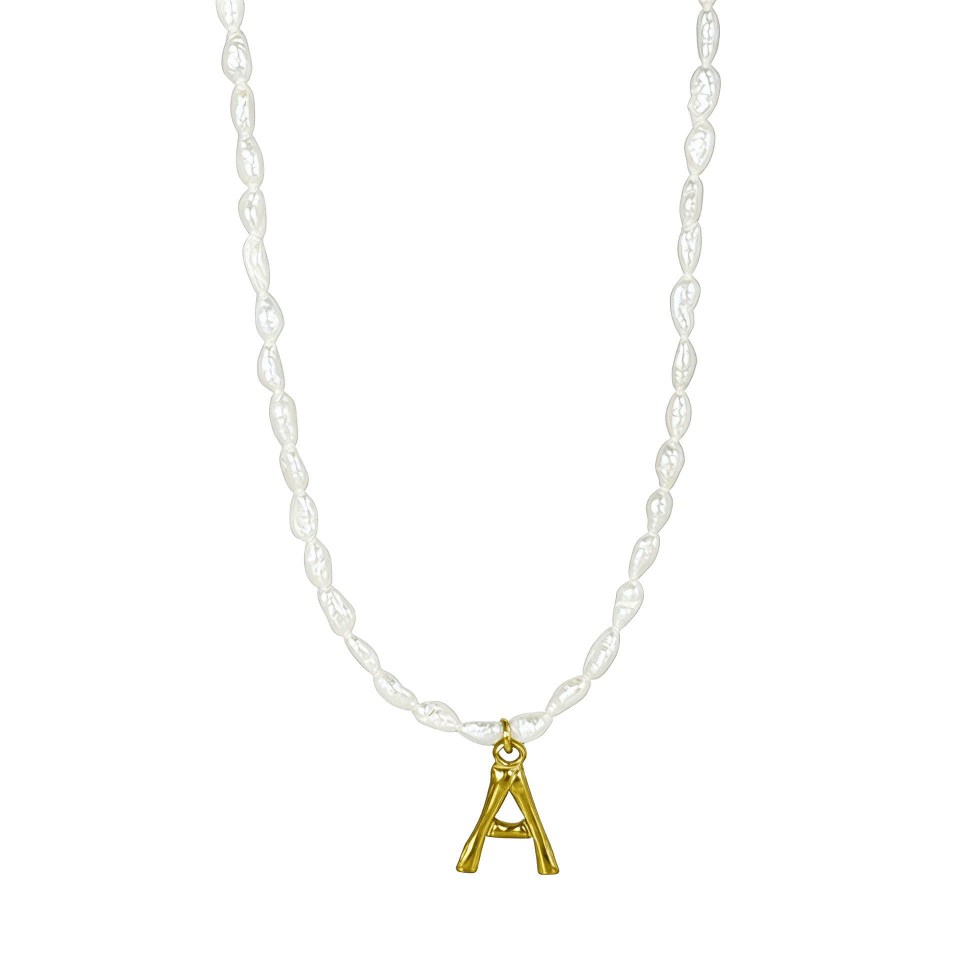 A delicate necklace made of irregular white keshi pearls featuring a gold-toned textured initial pendant in the shape of the letter A.