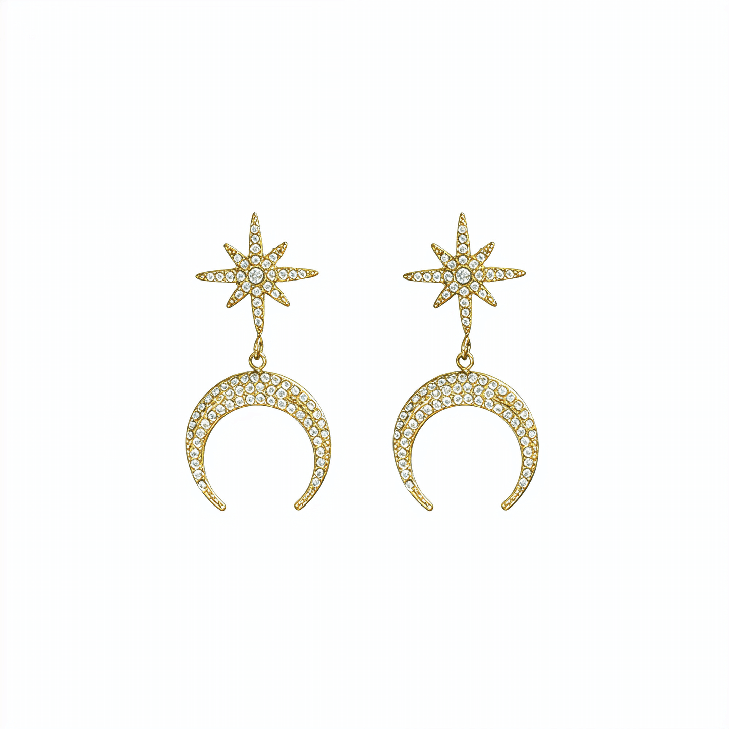 Gold celestial moon and star drop earrings with sparkling pave crystals by MXW Jewellery Australia