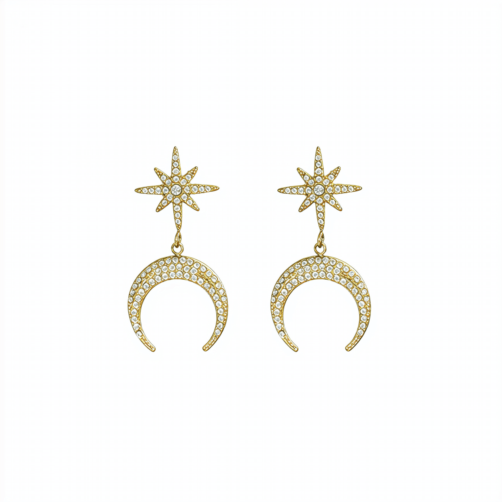 Gold celestial moon and star drop earrings with sparkling pave crystals by MXW Jewellery Australia