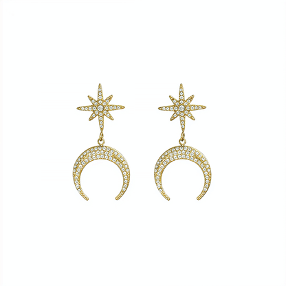 Gold celestial moon and star drop earrings with sparkling pave crystals by MXW Jewellery Australia