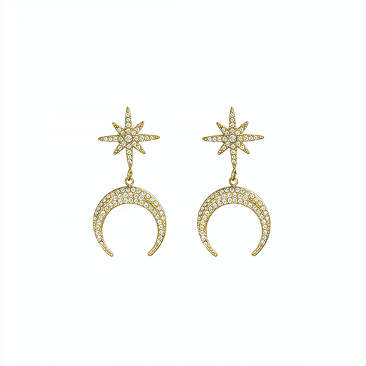 Gold celestial moon and star drop earrings with sparkling pave crystals by MXW Jewellery Australia