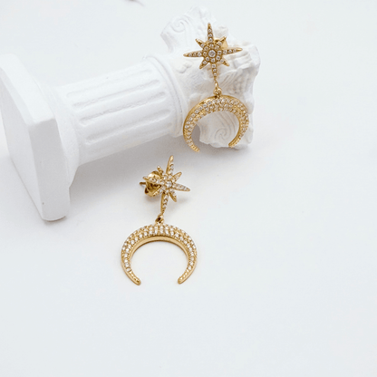 Gold celestial moon and star drop earrings with sparkling pave crystals by MXW Jewellery Australia