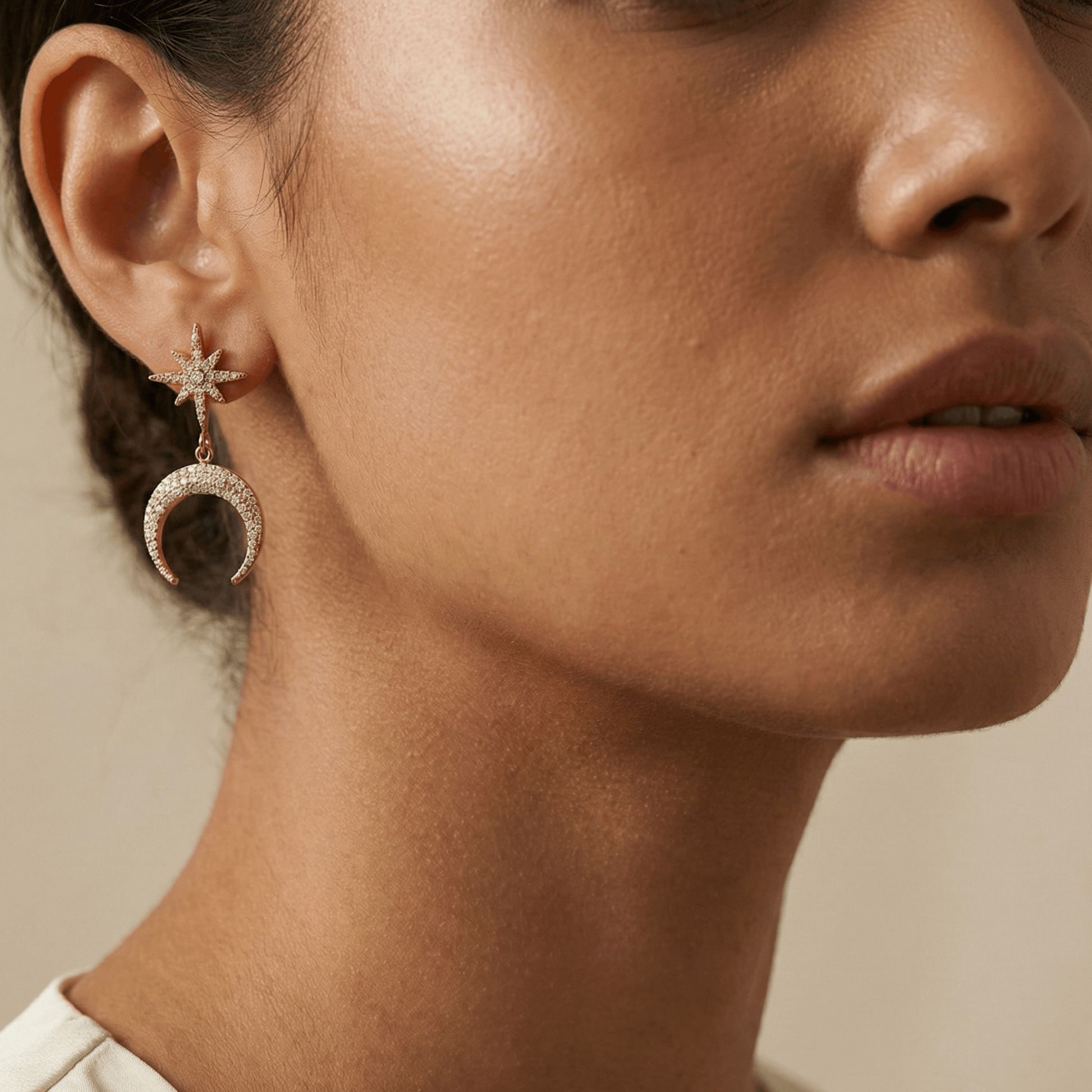 Gold celestial moon and star drop earrings with sparkling pave crystals by MXW Jewellery Australia