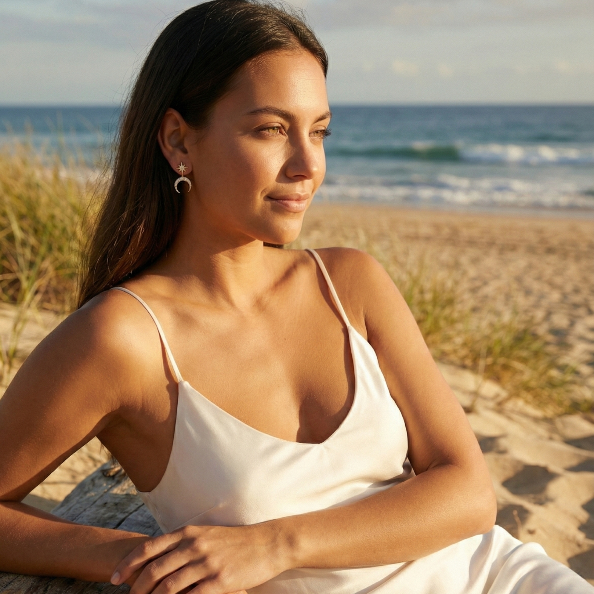 Gold celestial moon and star drop earrings with sparkling pave crystals by MXW Jewellery Australia
