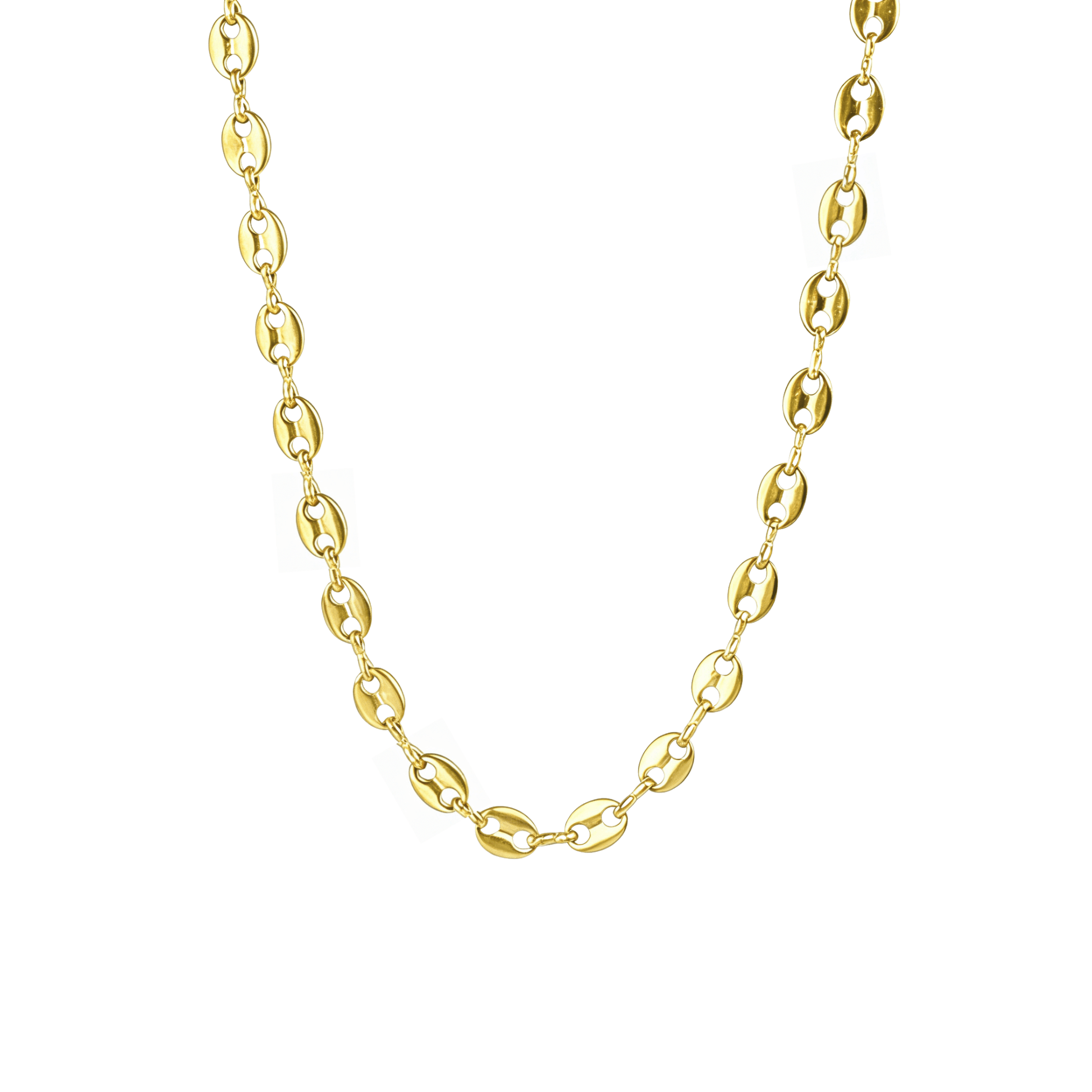 gold coffee bean chain necklace with oval interlocking links, minimal waterproof design for layering or everyday wear