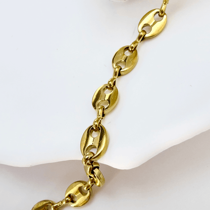 gold coffee bean chain necklace with oval interlocking links, minimal waterproof design for layering or everyday wear