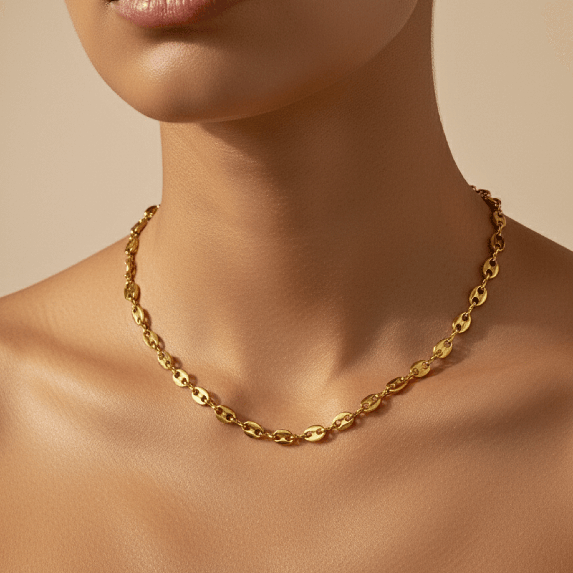 gold coffee bean chain necklace with oval interlocking links, minimal waterproof design for layering or everyday wear
