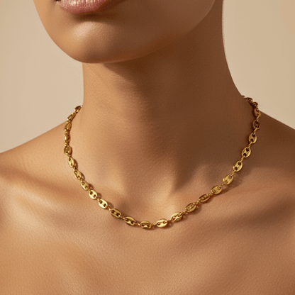 gold coffee bean chain necklace with oval interlocking links, minimal waterproof design for layering or everyday wear
