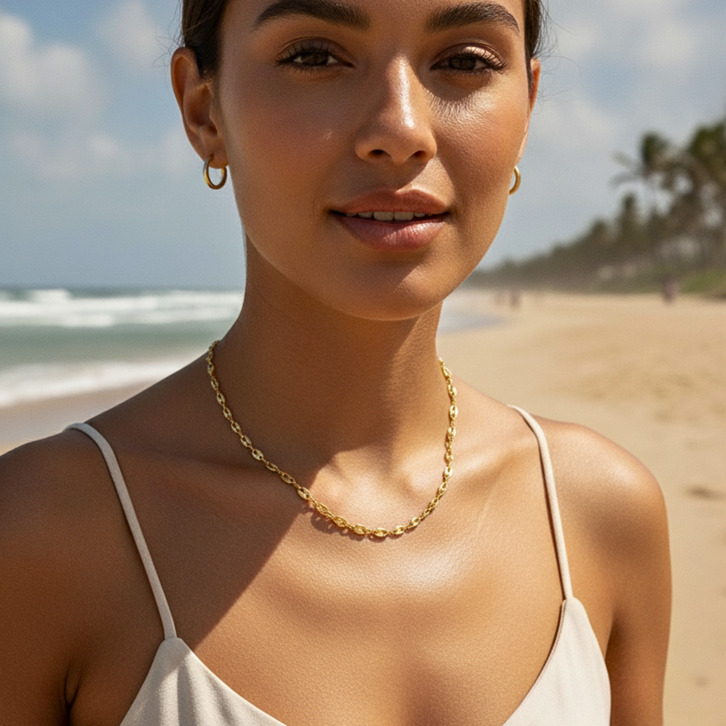 gold coffee bean chain necklace with oval interlocking links, minimal waterproof design for layering or everyday wear