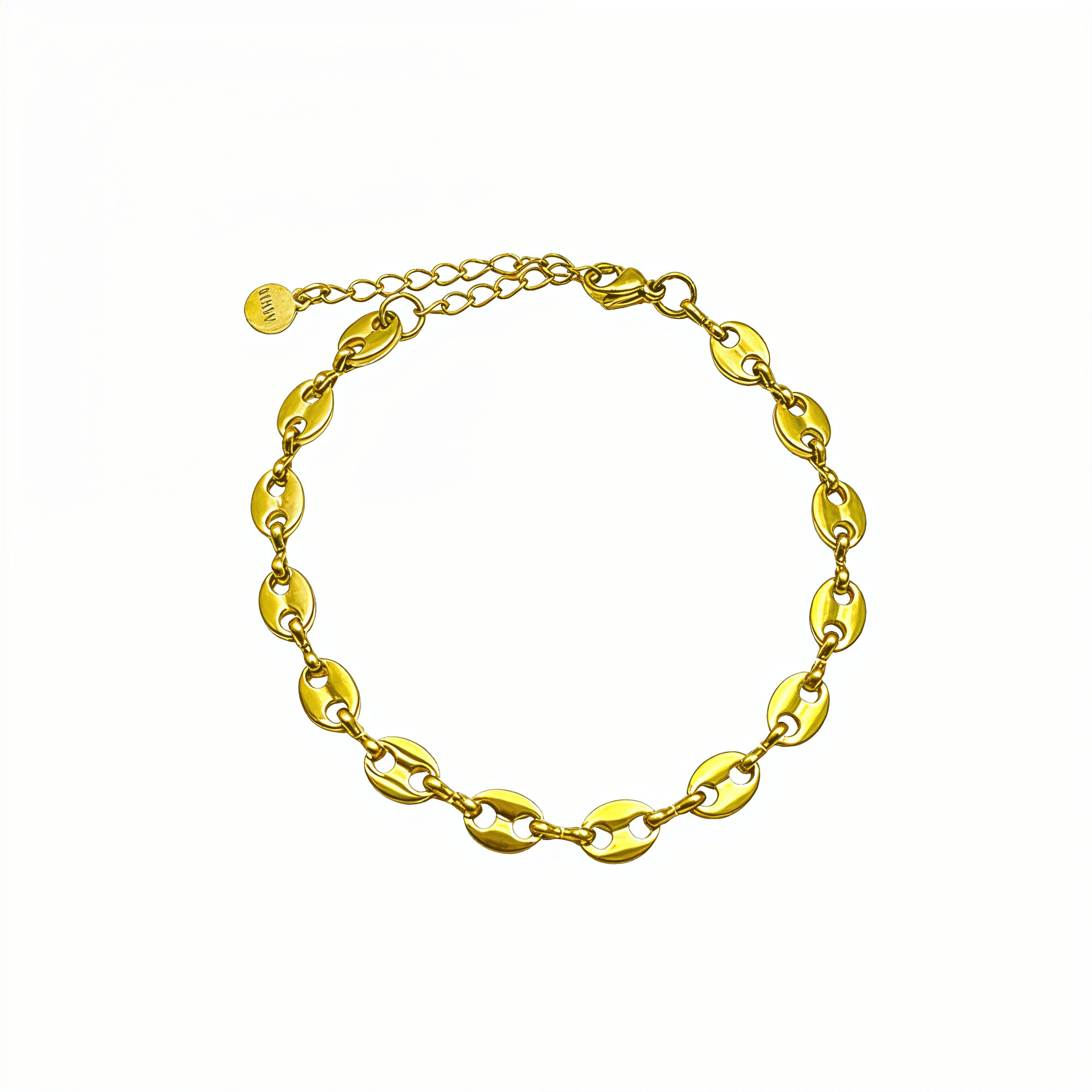 Gold coffee bean chain bracelet with sculpted oval links.