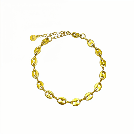 Gold coffee bean chain bracelet with sculpted oval links.