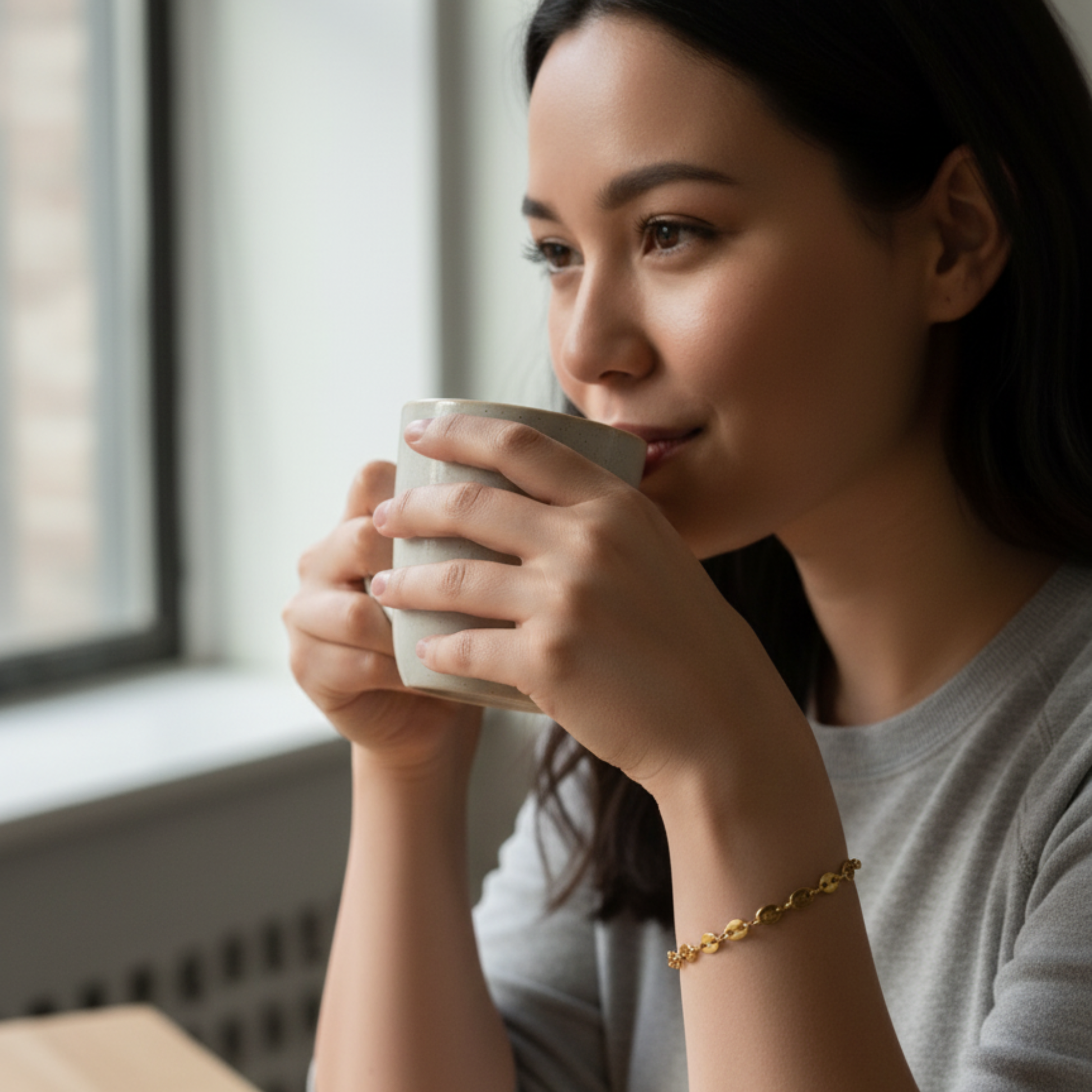 Gold coffee bean chain bracelet with sculpted oval links.