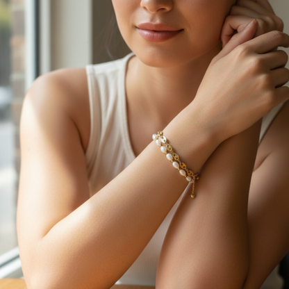 Gold coffee bean chain bracelet with sculpted oval links.