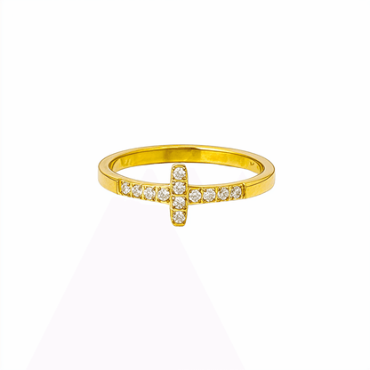 Gold Crystal Cross Ring by MXW Jewellery, featuring a waterproof gold band with a pave-set cross design on a white background.
