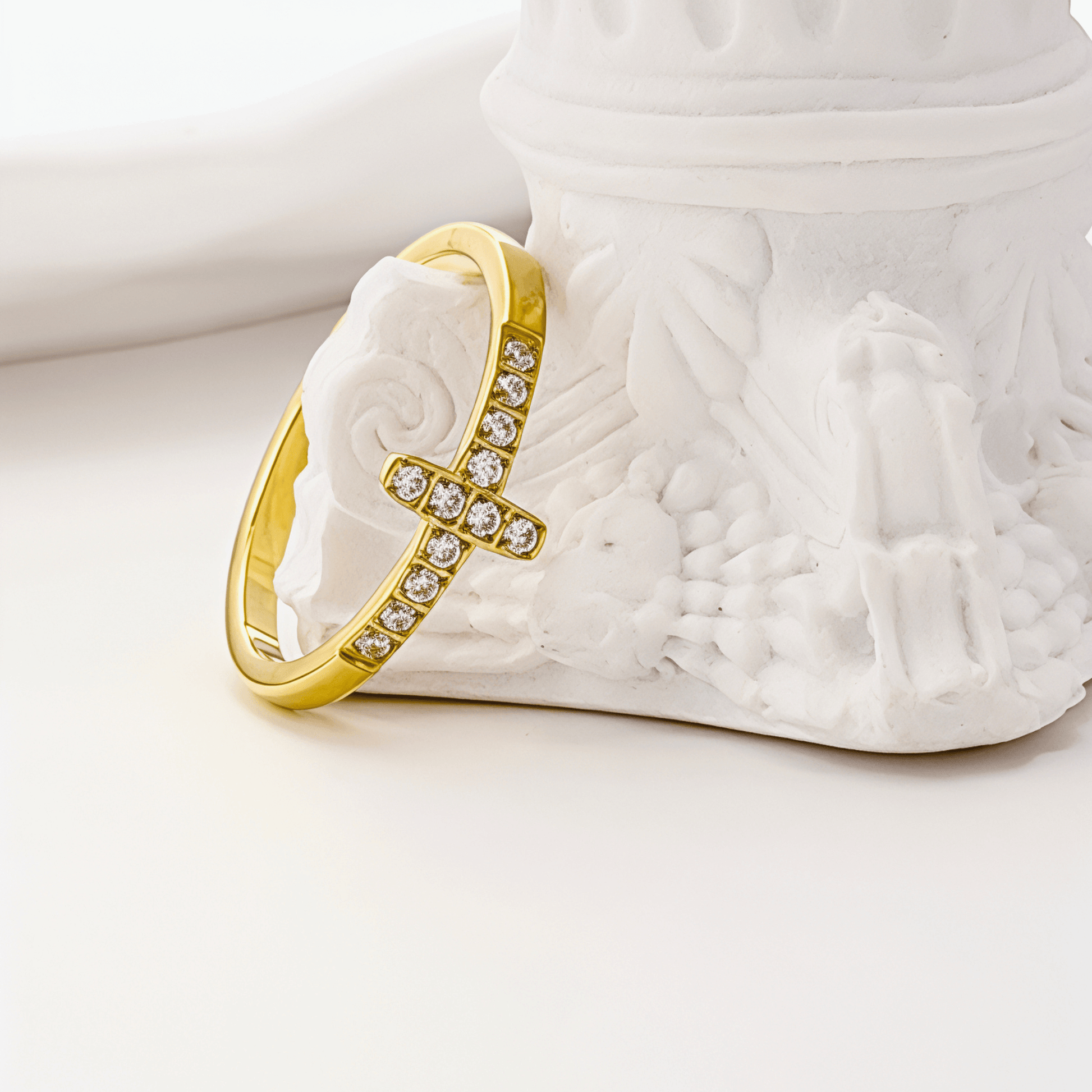 Gold Crystal Cross Ring by MXW Jewellery, featuring a waterproof gold band with a pave-set cross design on a white background.