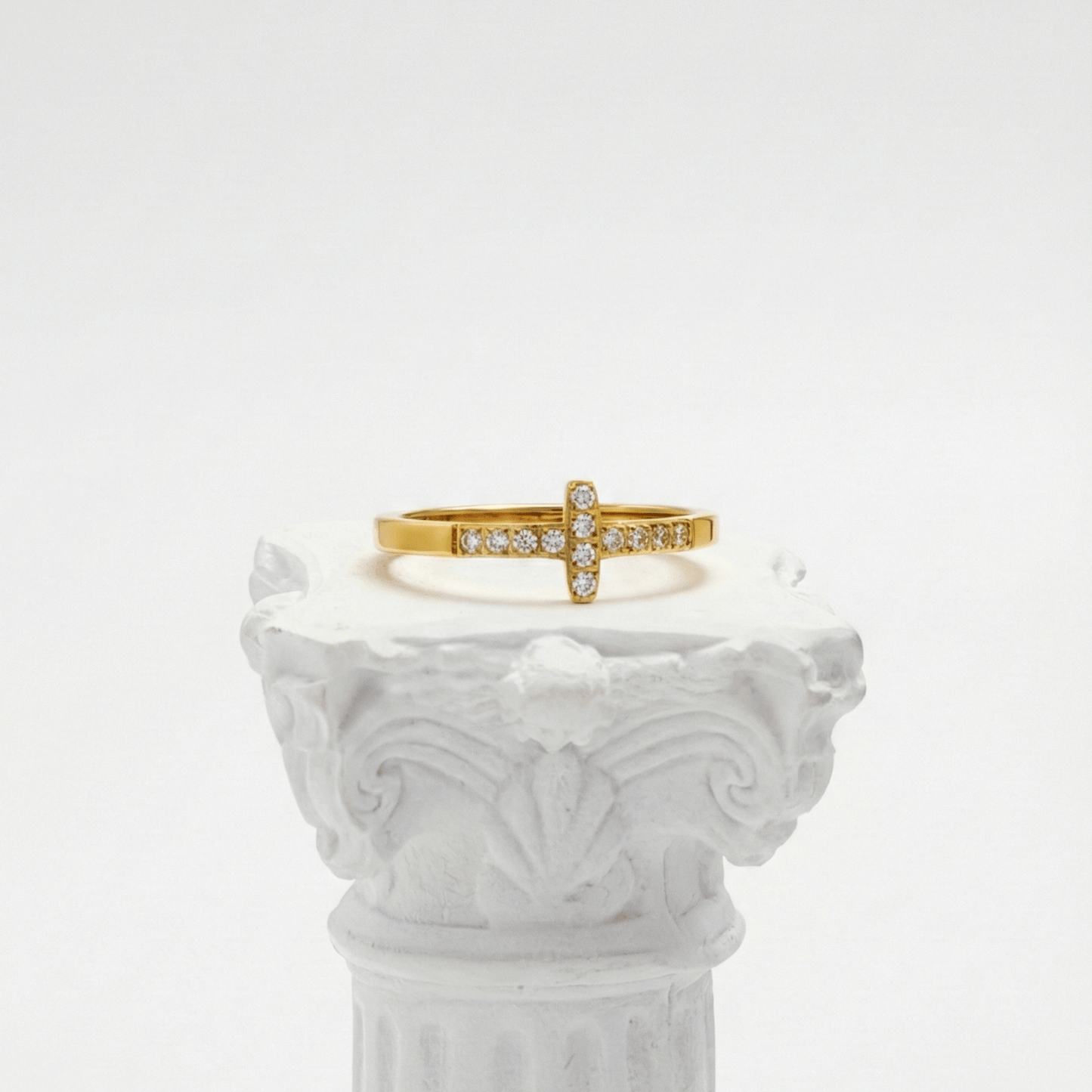 Gold Crystal Cross Ring by MXW Jewellery, featuring a waterproof gold band with a pave-set cross design on a white background.