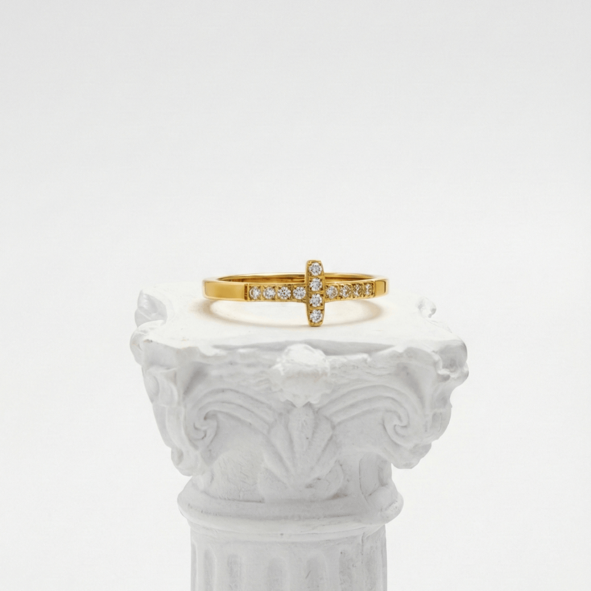Gold Crystal Cross Ring by MXW Jewellery, featuring a waterproof gold band with a pave-set cross design on a white background.