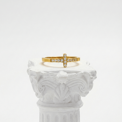 Gold Crystal Cross Ring by MXW Jewellery, featuring a waterproof gold band with a pave-set cross design on a white background.