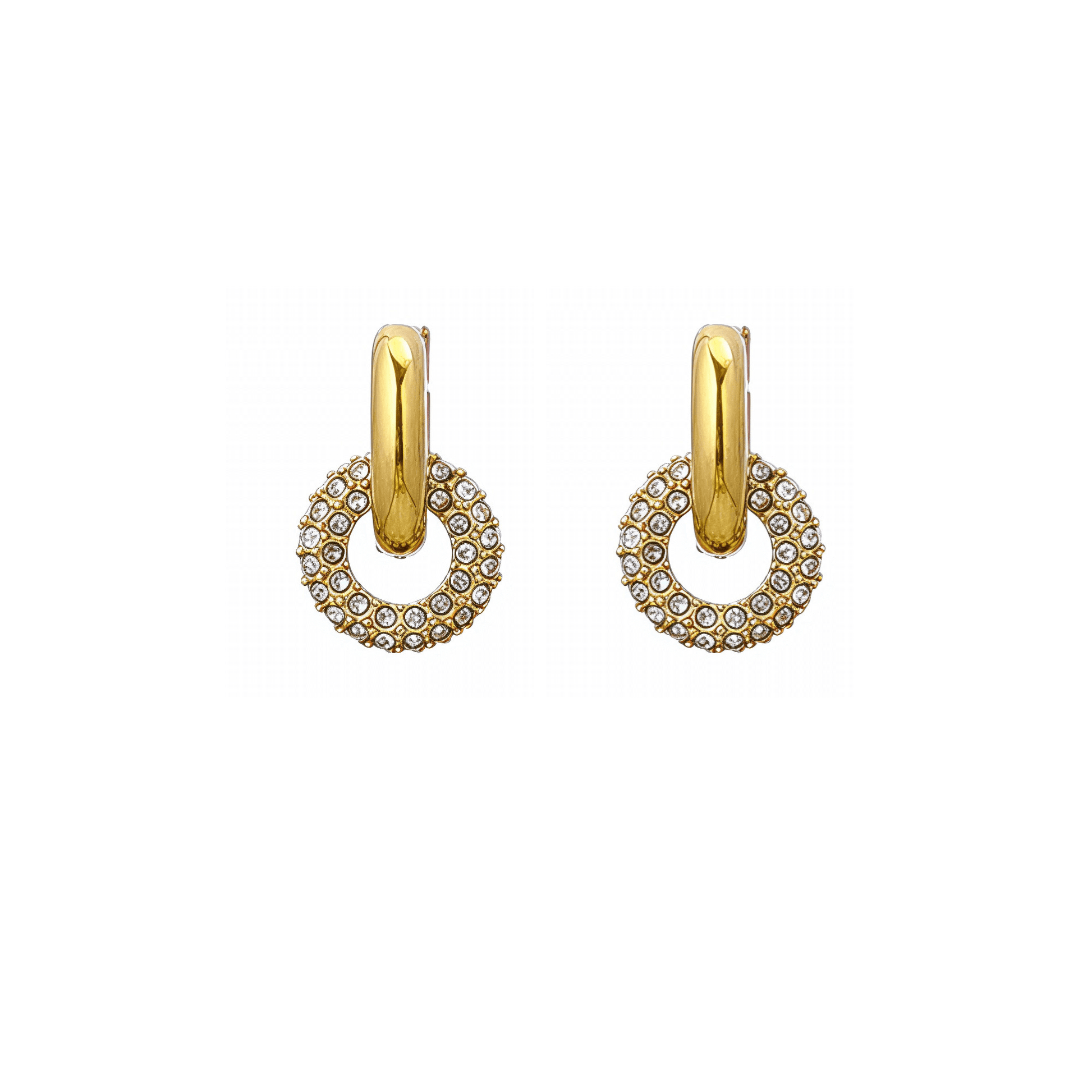Gold crystal halo drop earrings with pavé circle and gold huggie hoop, waterproof and tarnish-resistant design.