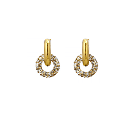 Gold crystal halo drop earrings with pavé circle and gold huggie hoop, waterproof and tarnish-resistant design.