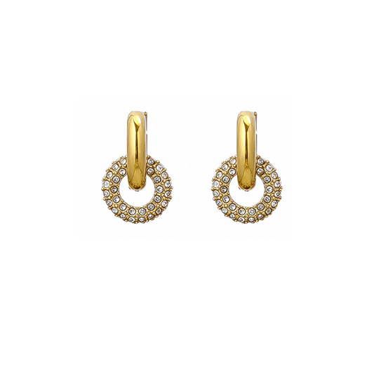 Gold crystal halo drop earrings with pavé circle and gold huggie hoop, waterproof and tarnish-resistant design.