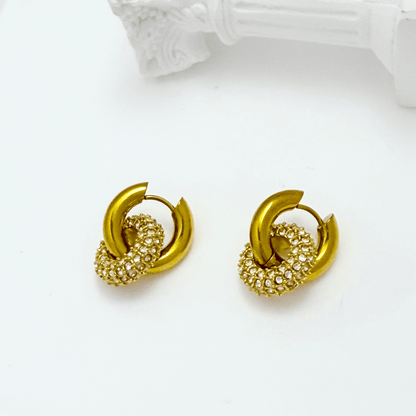 Gold crystal halo drop earrings with pavé circle and gold huggie hoop, waterproof and tarnish-resistant design.