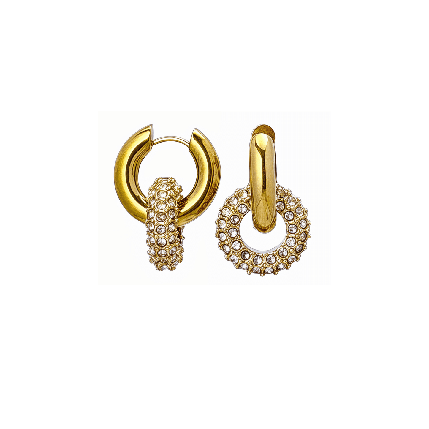Gold crystal halo drop earrings with pavé circle and gold huggie hoop, waterproof and tarnish-resistant design.