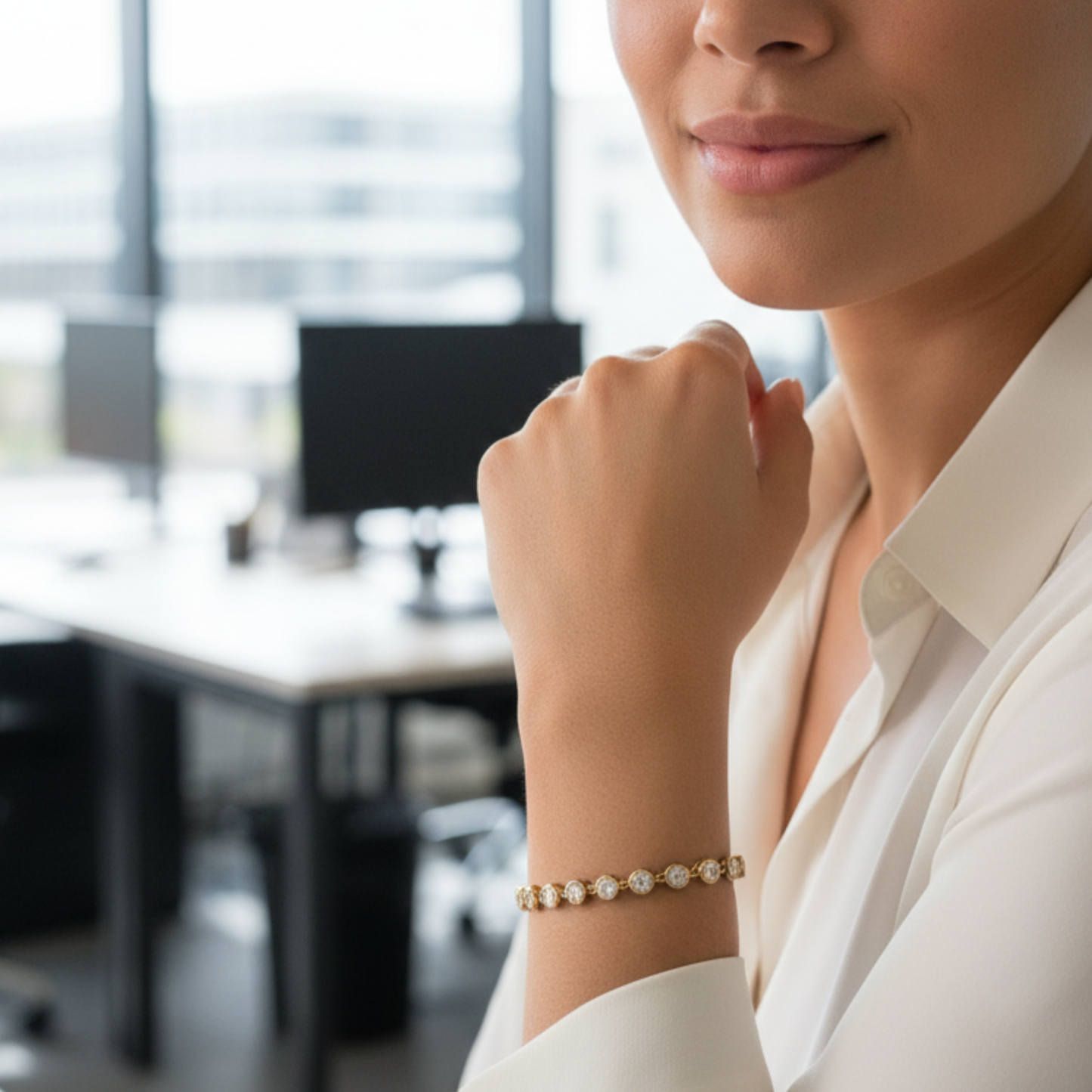Gold crystal tennis bracelet with bezel-set clear stones.