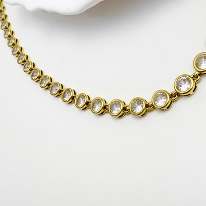 gold crystal tennis necklace with bezel-set stones