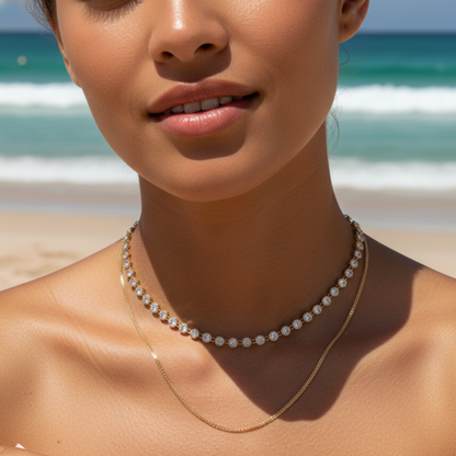 gold crystal tennis necklace with bezel-set stones