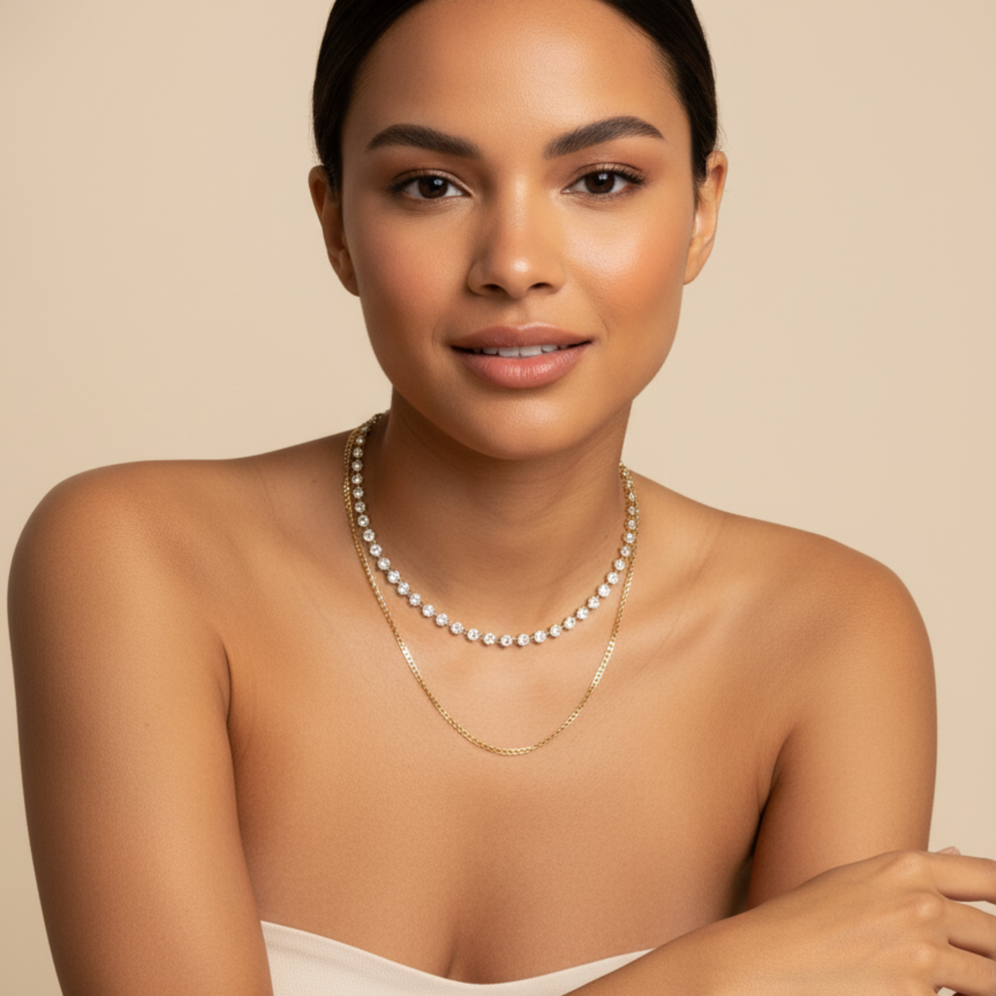 gold crystal tennis necklace with bezel-set stones