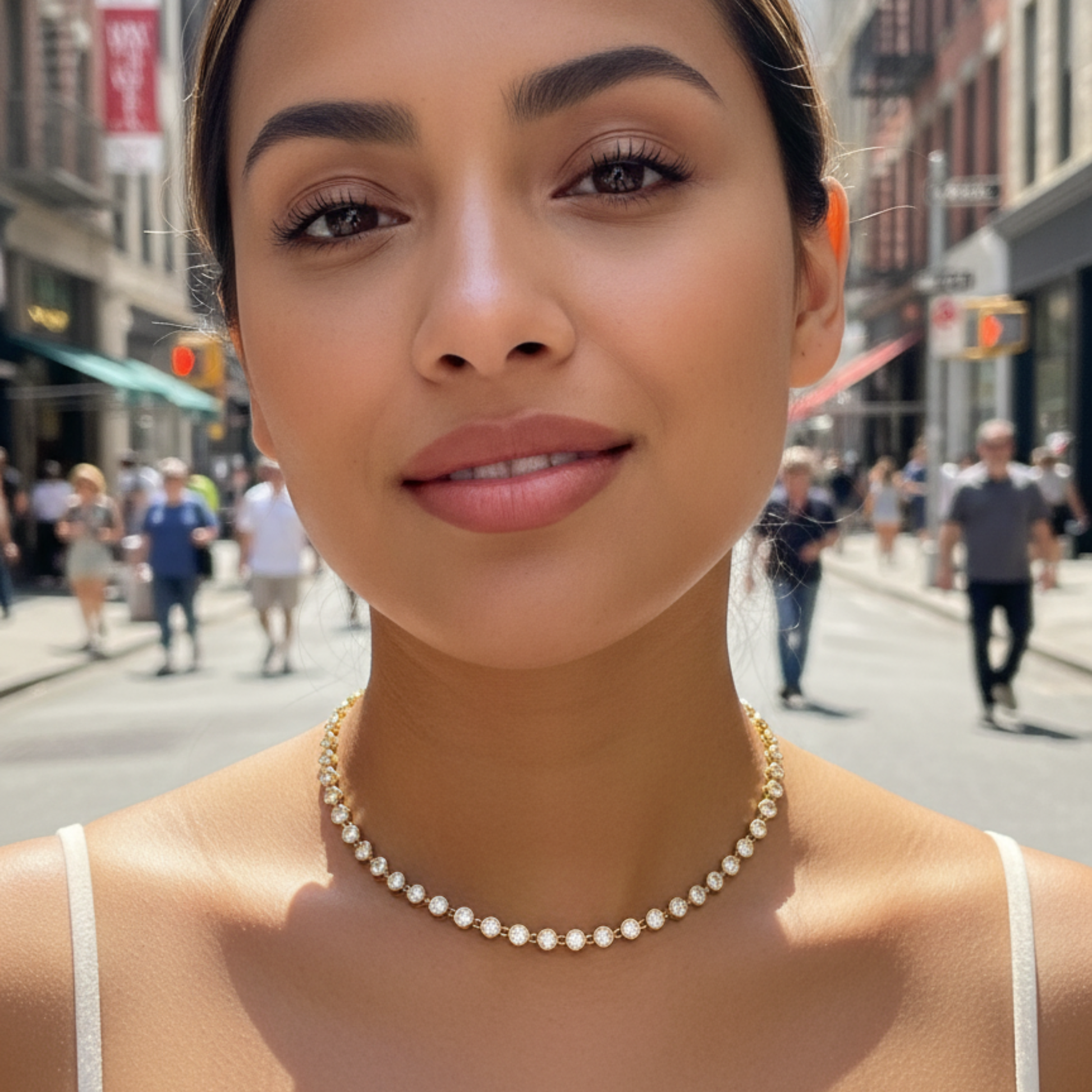 gold crystal tennis necklace with bezel-set stones