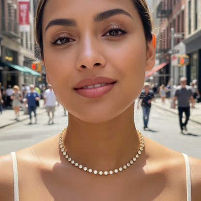 gold crystal tennis necklace with bezel-set stones